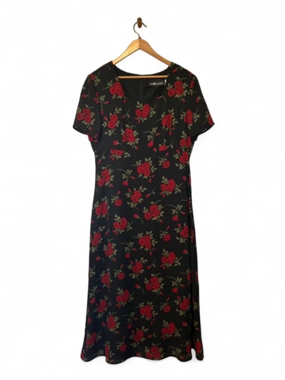 Sag Harbor Black Midi Dress with Red Rose Floral Print
